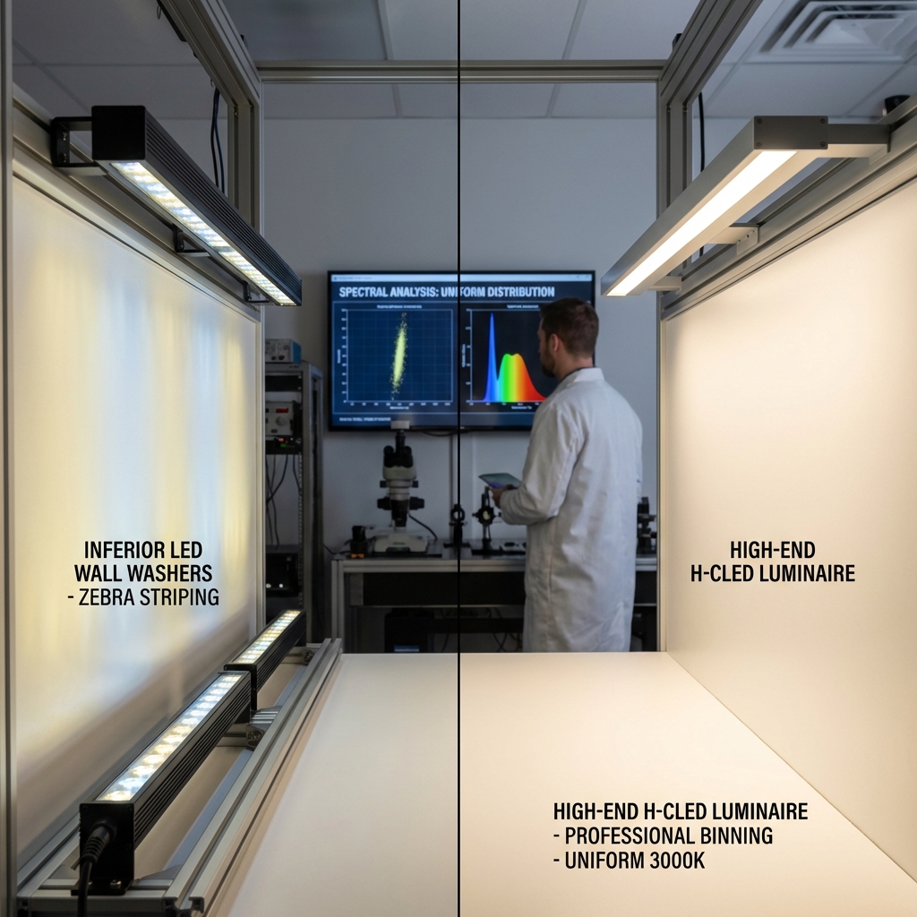 LED灯具对比图：左侧显示无混bin技术的“斑马纹”现象，右侧显示恒彩电子混bin技术实现色温一致性的完美照明效果。