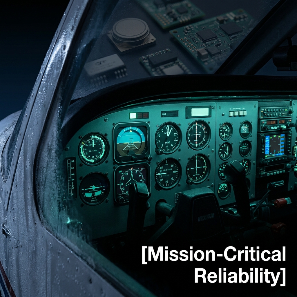 典型的工业应用场景：现代航空器驾驶舱仪表盘背光。展示了电致发光陶瓷在复杂震动与极端温差环境下的稳定表现，其光线柔和不影响夜视。背景隐约可见精密医疗仪器或传感器集成组件，强调了其作为标准参考光源的可靠性。图中文字标注：Mission-Critical Reliability。