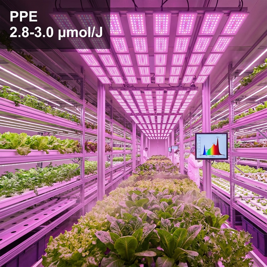 植物工厂垂直农场的实景图，展示高密度3535 LED灯盘发出粉紫色光谱（660nm红光与450nm蓝光），标注PPE 2.8-3.0 µmol/J，用于高效促进绿叶蔬菜生长。