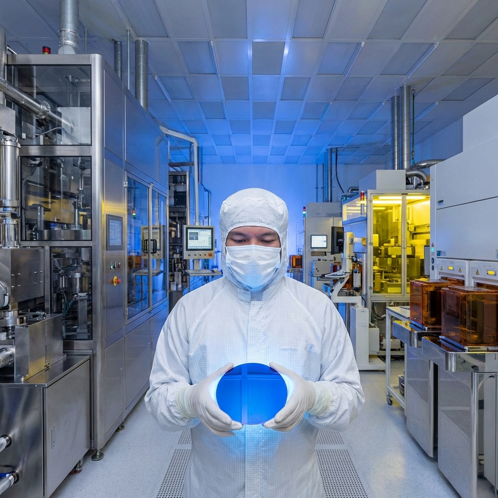 LED晶片生产车间:技术人员在百级无尘环境中手持外延片,MOCVD与光刻设备清晰可见。