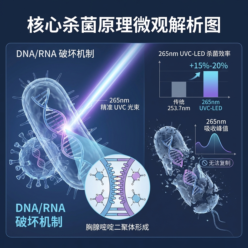 UVC紫外线破坏DNA/RNA原理图：展示265nm波长UVC切断微生物遗传物质的过程