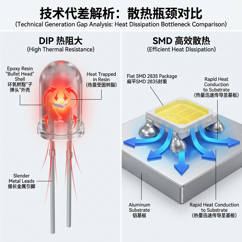 DIP直插式LED与SMD贴片式LED散热原理对比图