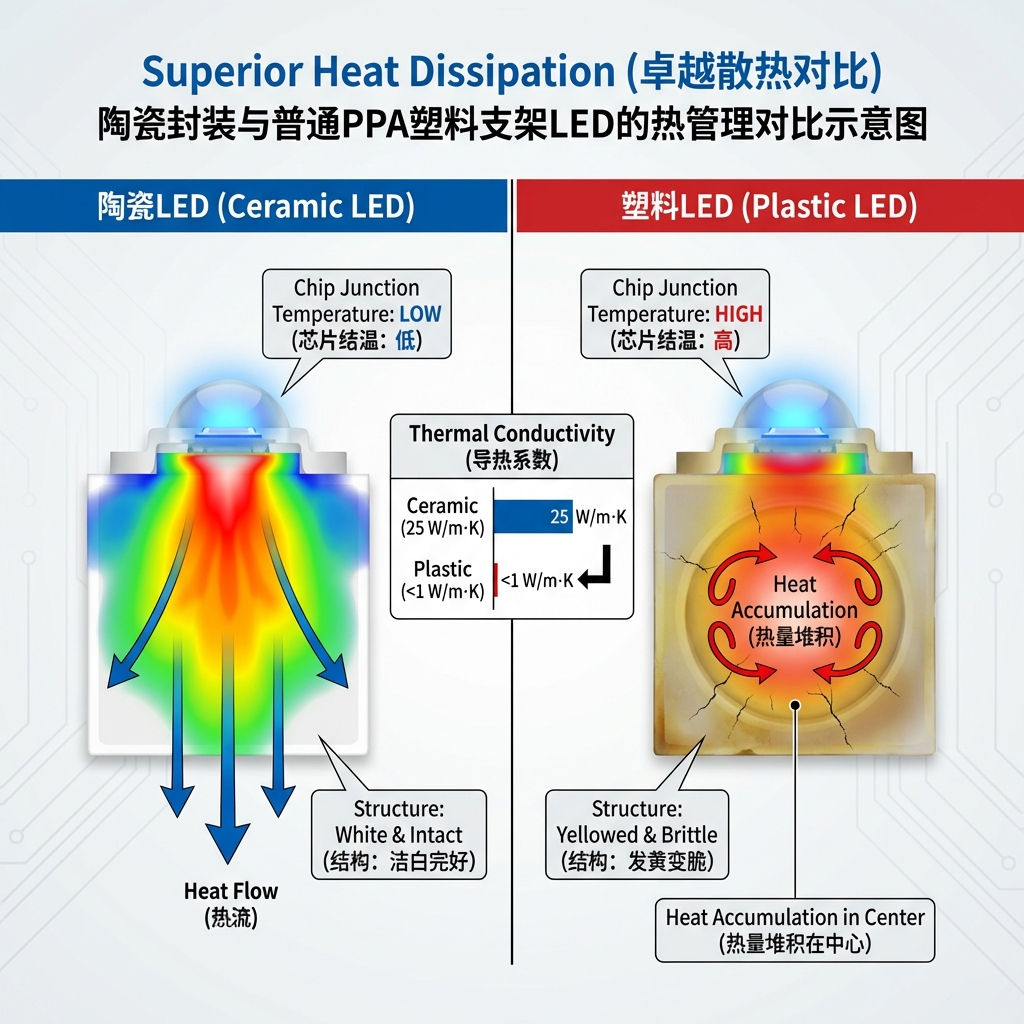 陶瓷封装LED与塑料支架LED散热对比图，展示陶瓷基板卓越的导热性能和更低的芯片结温，而塑料支架则出现热量堆积和黄变