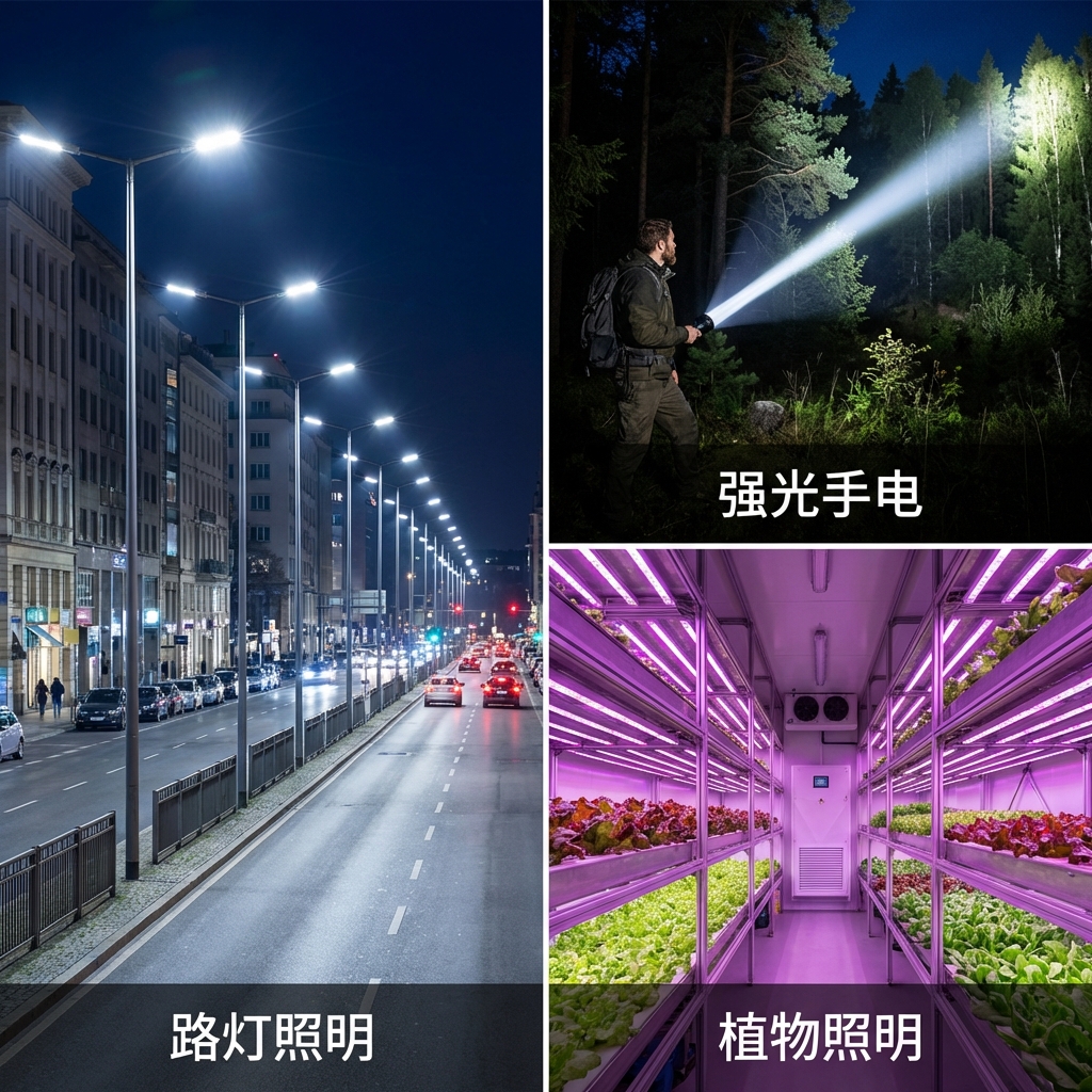 CREE 3535 LED灯珠在户外路灯、强光手电和植物照明等工程领域的应用场景拼接图。