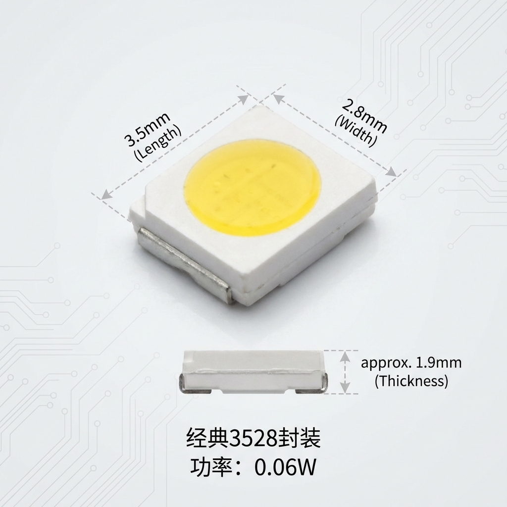 3528灯珠产品特写,标注3.5mm x 2.8mm尺寸和0.06W功率,展示其经典的PLCC-2封装结构和圆形发光面