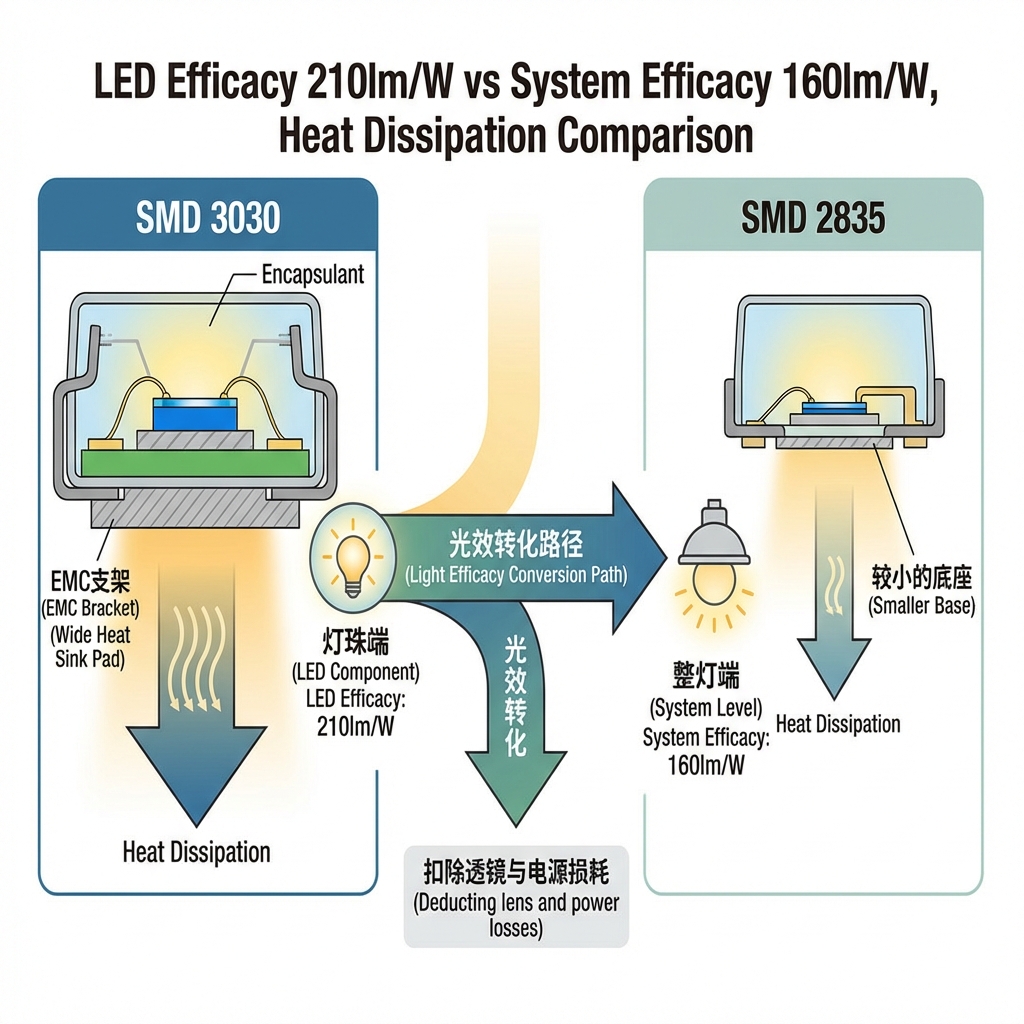 SMD 3030与2835灯珠结构对比图,强调3030散热优势及光效转化路径示意
