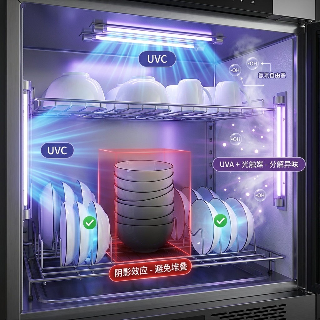 消毒柜内阴影效应示意图：UVC杀菌与UVA光触媒协同作用，强调正确摆放餐具以避免遮挡