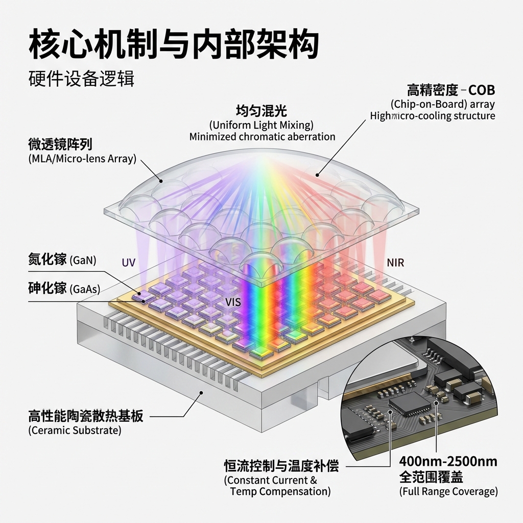 多光谱光源内部架构示意图：展示COB封装的LED芯片阵列、高性能陶瓷散热基板、微透镜阵列（MLA）实现均匀混光，以及精密恒流控制电路，揭示其核心硬件原理。