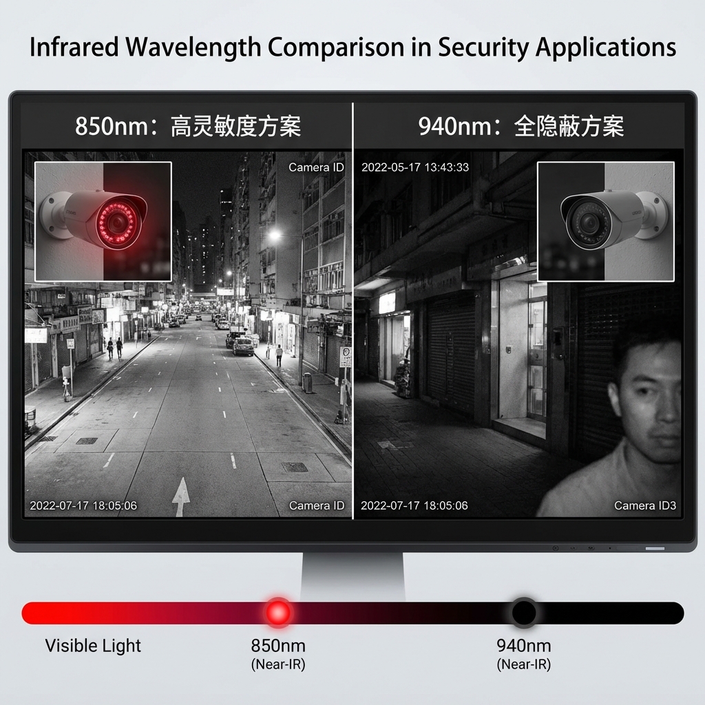 850nm与940nm波长应用差异的实景模拟图：画面被分为两个垂直区域，模拟安防监控摄像头视角。左侧标注“850nm：高灵敏度方案”，街道监控清晰，但红外灯珠散发明显红色小点（红暴）。右侧标注“940nm：全隐蔽方案”，画面亮度略低但对比度清晰，红外灯珠完全黑暗。图像下方加入光谱带，标示出两个波段位置。
