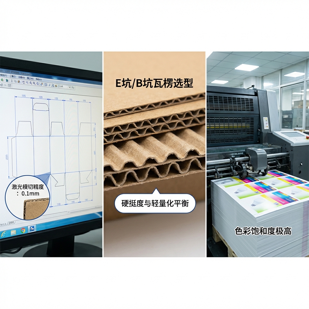 LED灯包装盒制造前三步骤示意图：CAD结构设计、E坑瓦楞纸材料特写及胶印机印刷过程