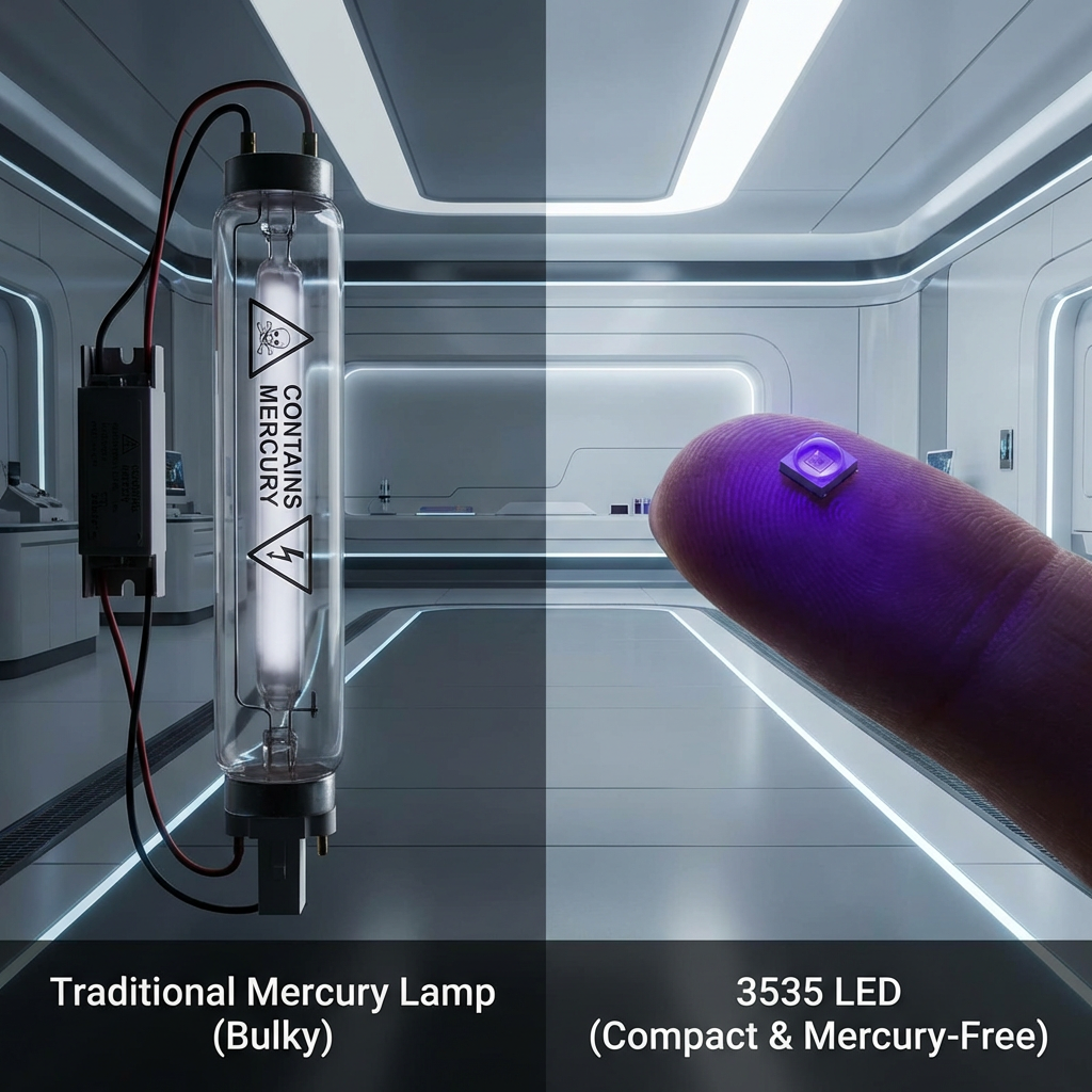 传统汞灯管与3535 UVC+UVA LED灯珠的体积及环保对比图