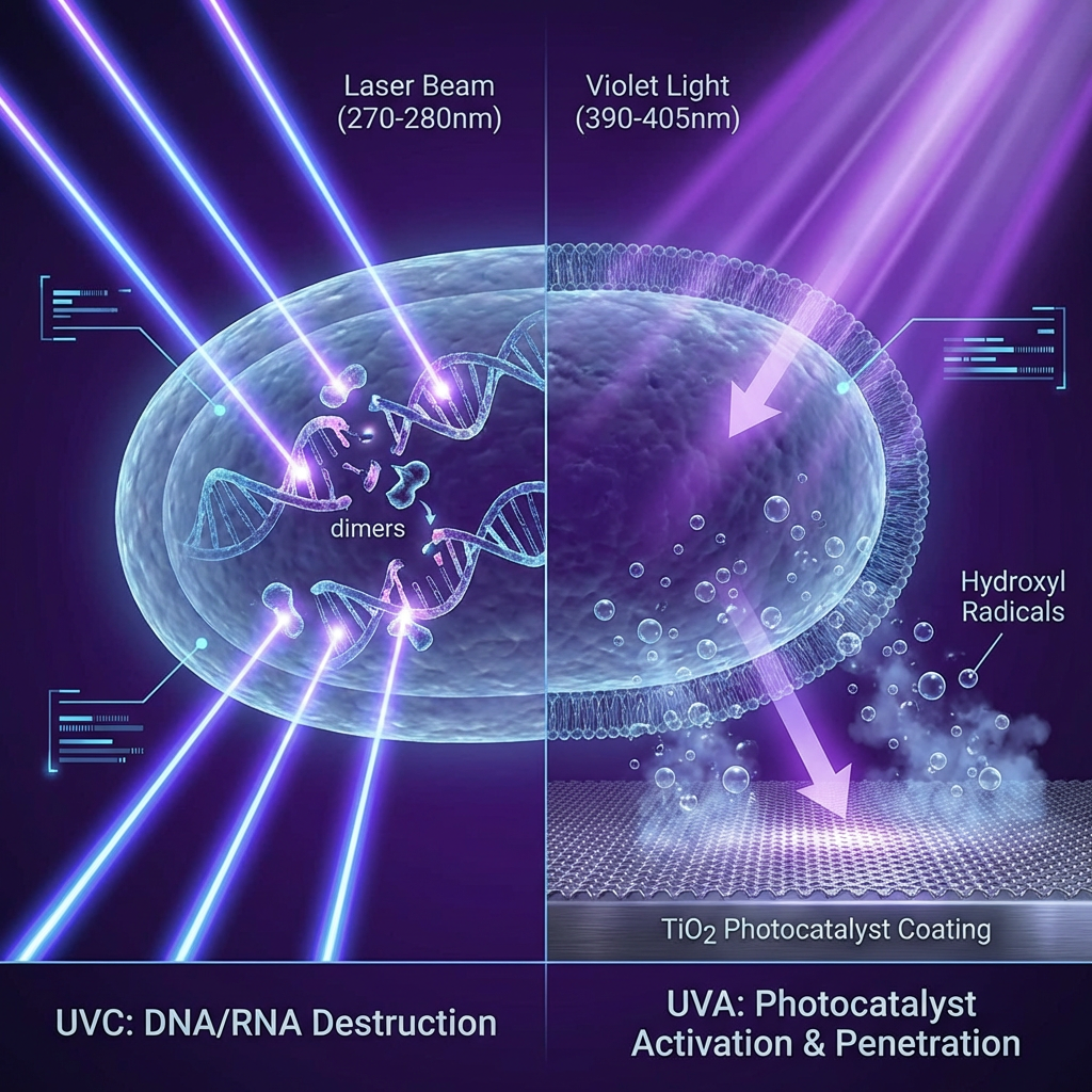 微观视角下的双波段杀菌原理示意图。画面左侧展示270-280nm UVC深紫外光束如手术刀般切断细菌的DNA双螺旋结构，形成二聚体阻止复制；右侧展示390-405nm UVA紫光穿透细胞壁，并激活基底上的二氧化钛光触媒涂层，释放出大量具有氧化性的羟基自由基。整体色调为科技感十足的深紫与冷蓝，构图采用横向对比。英文标注：UVC: DNA/RNA Destruction; UVA: Photocatalyst Activation & Penetration.