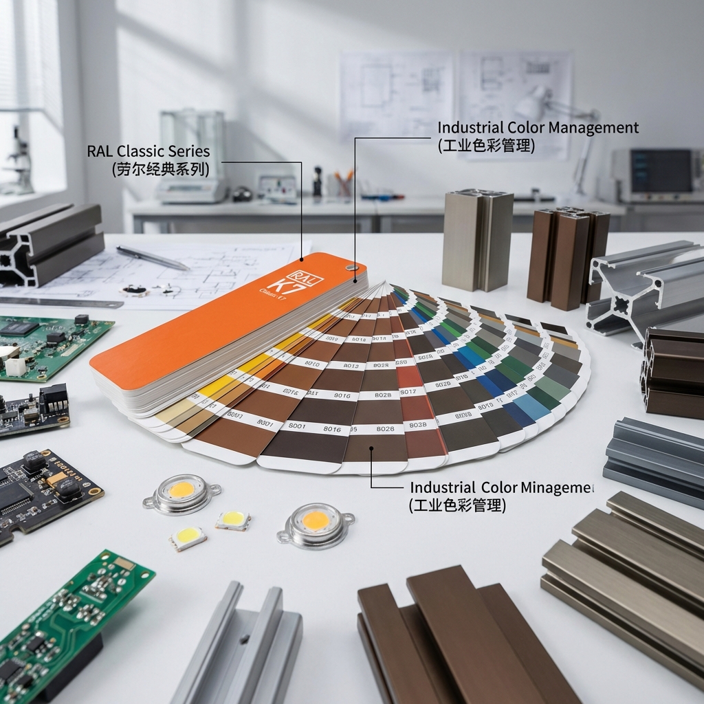 工业桌面展示劳尔经典色卡K7扇形样册、LED灯珠与工业铝材，强调工业色彩管理从视觉到参数的专业性。