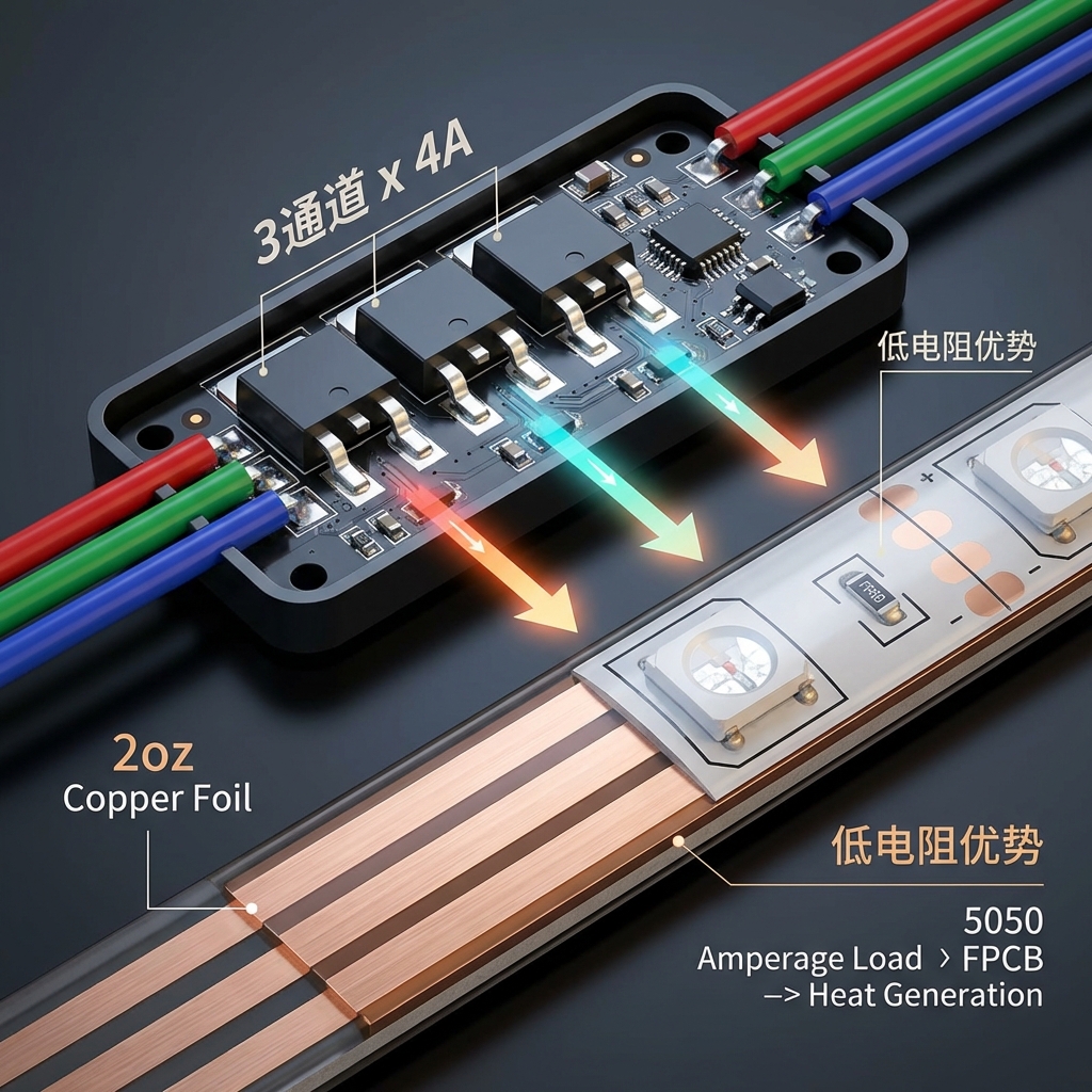 3D工业设计风格图片，特写展示一个三通道RGB控制器内部的MOSFET组件（标示为'3通道 x 4A'）及其连接的5050灯带截面，灯带FPCB板上厚铜箔（'2oz Copper Foil'）突出，并配有电流流动箭头，解释电流负载与发热关系。