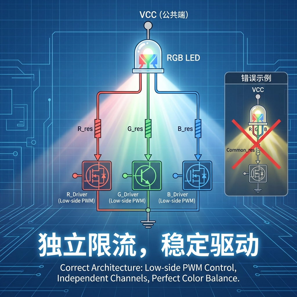 共阳RGB灯柱电路设计指南：串联电阻计算、接线原理与工程实践