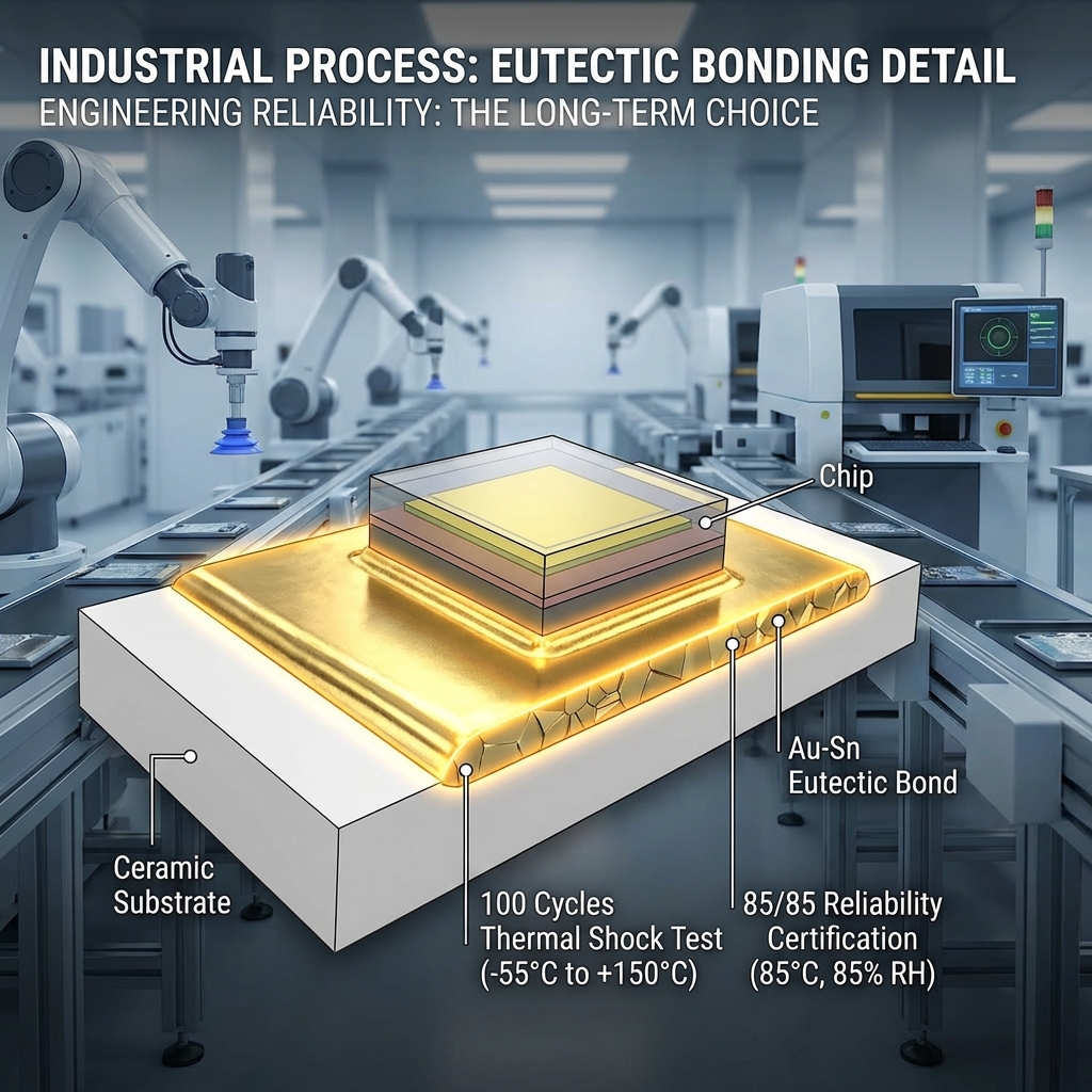 共晶焊技术微观示意图，展示LED芯片通过金锡合金牢固焊接到陶瓷基板上，以及通过冷热冲击和双85测试确保的灯珠可靠性。