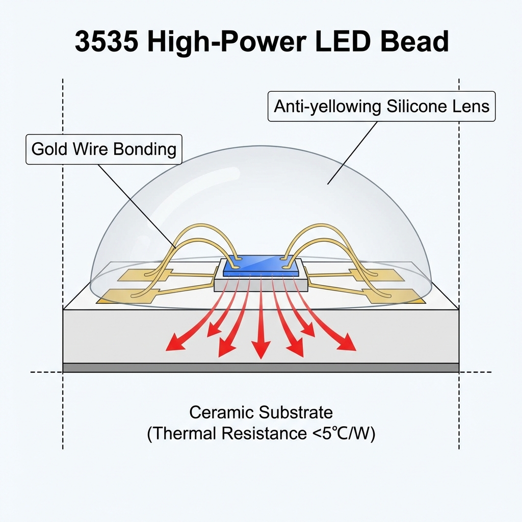 3535高功率灯珠内部封装结构剖视图。清晰展示芯片通过纯金线与陶瓷基板连接的细节，箭头示意热量从芯片快速传导至基板的路径，强调低于5°C/W的低热阻特性，以及抗黄化的硅胶透镜。标注：Ceramic Substrate (Thermal Resistance <5°C/W), Gold Wire Bonding.