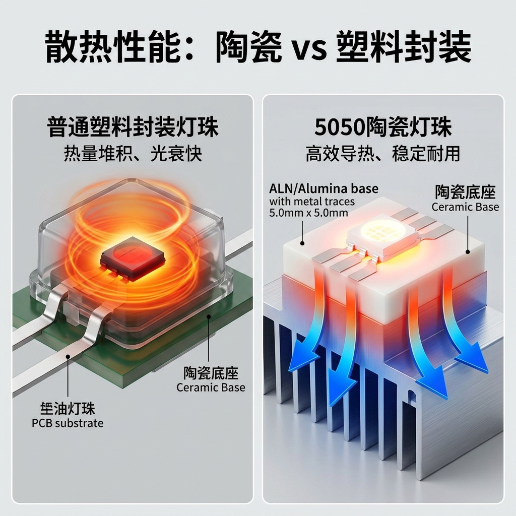 科学化3D剖面对比图，解释陶瓷与塑料封装灯珠的散热差异，展示陶瓷底座如何高效导热，确保灯珠稳定长寿。