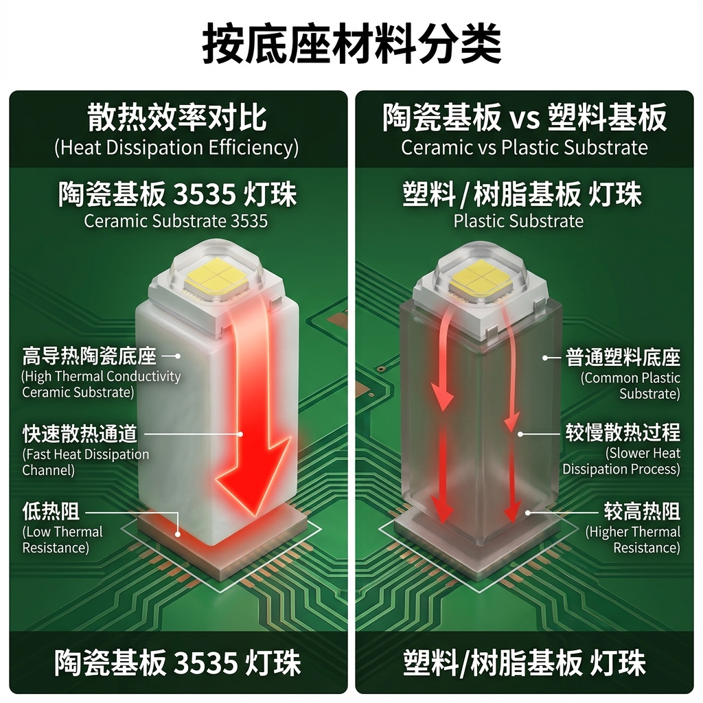 3535 LED陶瓷基板与塑料基板散热效率对比，显示陶瓷基板导热更快