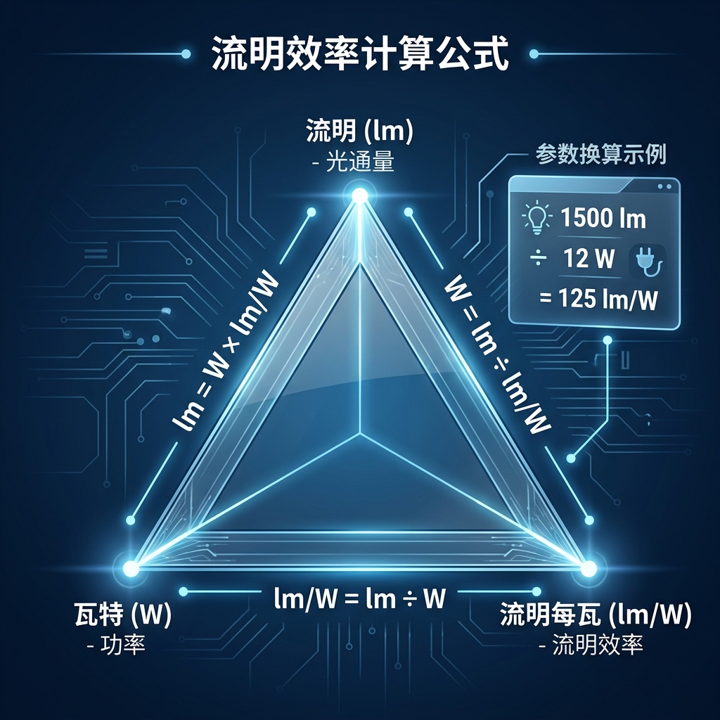 一张技术解析图，中心是一个发光的三角形，展示流明(lm)、瓦特(W)和流明效率(lm/W)之间的三角换算关系。图中清晰标示了三个公式：lm/W = lm ÷ W、W = lm ÷ lm/W、lm = W × lm/W，并附带了1500lm ÷ 12W = 125 lm/W的计算示例，旨在帮助读者快速理解流明效率计算公式及其反推应用。
