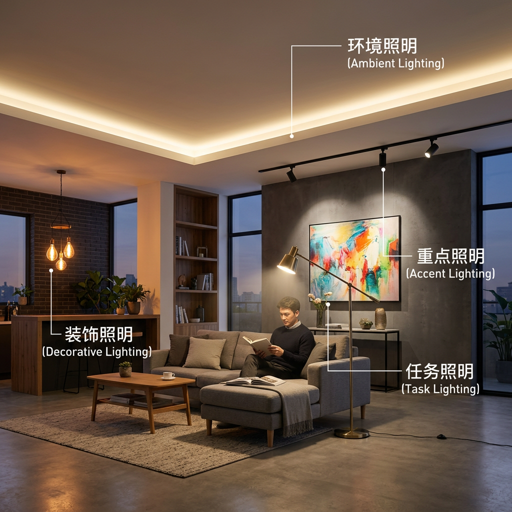一张现代客厅的图片，展示了四种主要灯光功能：天花板的隐藏灯带提供环境照明，沙发旁落地灯提供任务照明，射灯照亮艺术品作为重点照明，以及角落里的爱迪生灯泡作为装饰照明。
