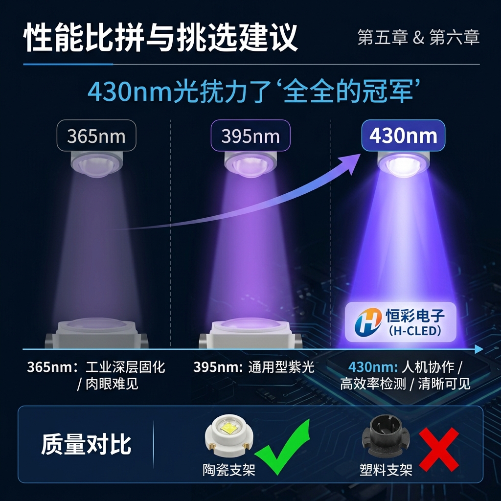 不同UV紫光LED波长(365nm、395nm、430nm)的视觉效果与应用对比图,突出430nm的清晰可见性