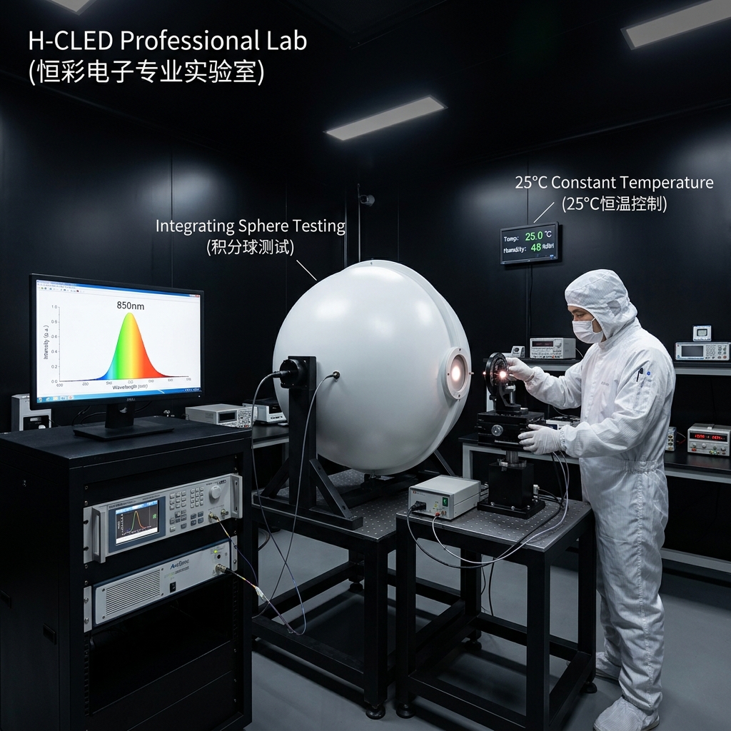 恒彩电子高标准实验室内部,一名工程师在暗室中操作精密积分球测试设备和旋转台,光谱分析仪显示波长曲线,温度计稳定在25℃,展示严格的红外LED检测流程。
