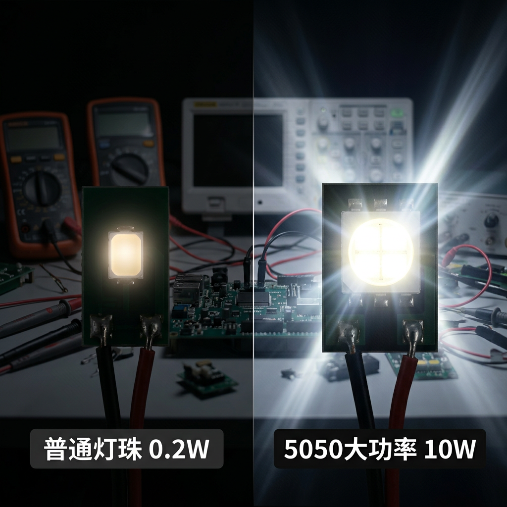 5050大功率10W四芯LED灯珠与普通小功率LED灯珠的亮度及内部结构对比示意图
