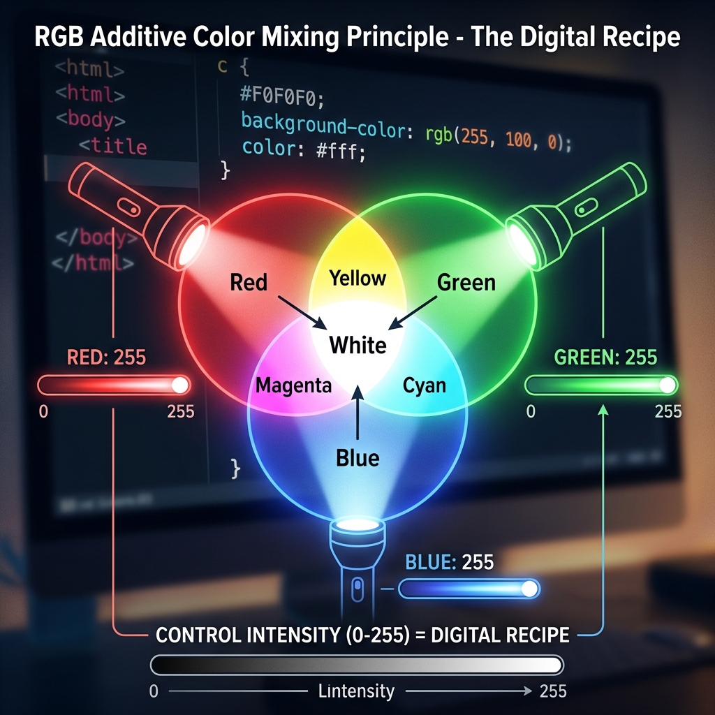 图解RGB三原色光混合原理，通过红绿蓝光束叠加产生不同颜色，阐释色值作为数字色彩配方的概念