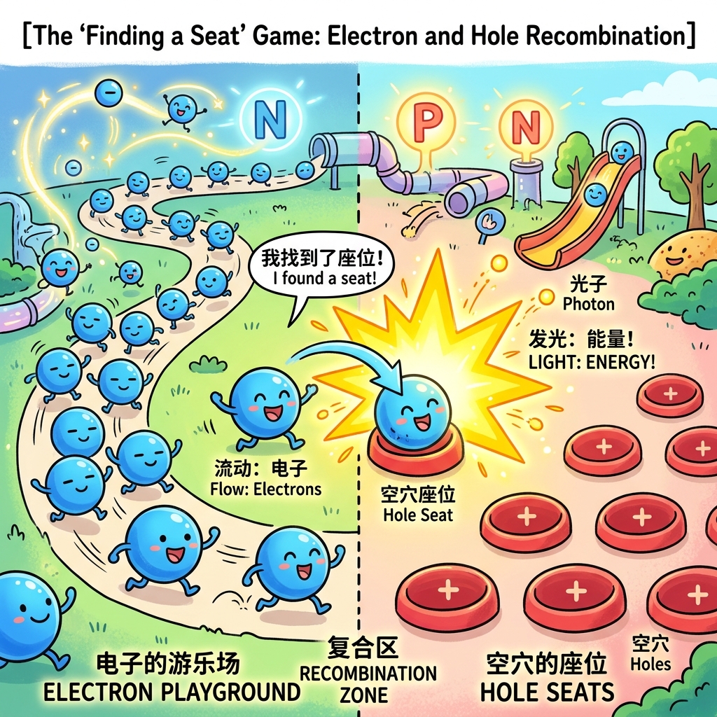 形象生动的卡通插画，展示PN结中电子与空穴结合并释放能量发光的原理
