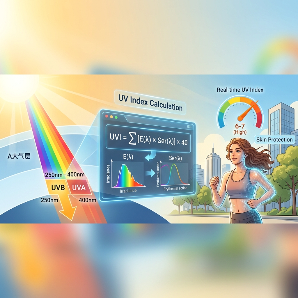 紫外线强度精确计算示意图：阳光、光谱分解、UVI公式与户外皮肤防护