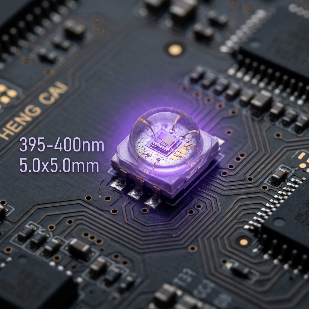 微距特写：5050紫光395-400nm灯珠在电路板上发出紫色光芒，展现高科技质感