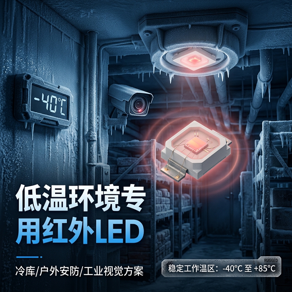低温环境专用红外LED在-40℃冷库中稳定发光，用于冷库监控、户外安防和工业视觉方案，展示其强大的低温稳定性能。