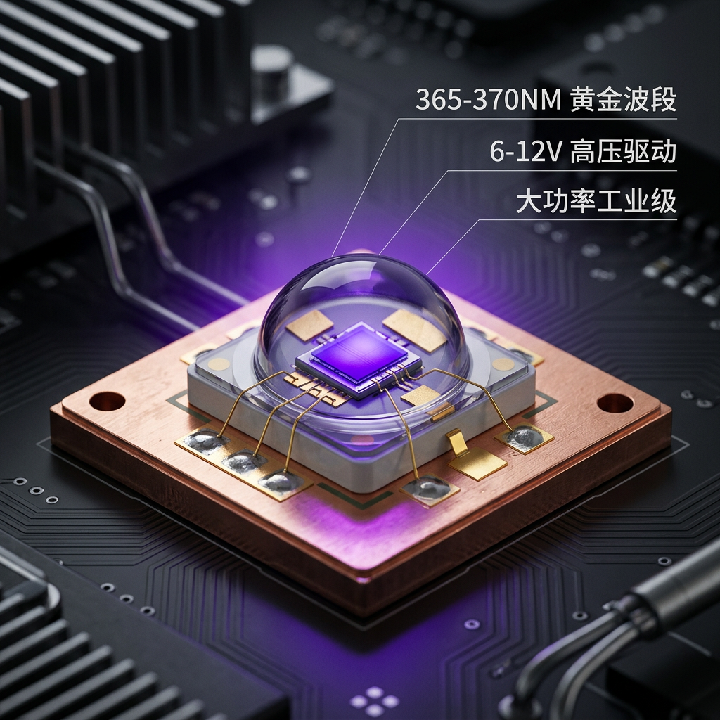 365-370NM 6-12V高压大功率UV LED灯珠高清微距实拍，展示其精密封装与纯铜基板，散发深邃紫色光晕，突出黄金波段、高压驱动及工业级大功率特性。