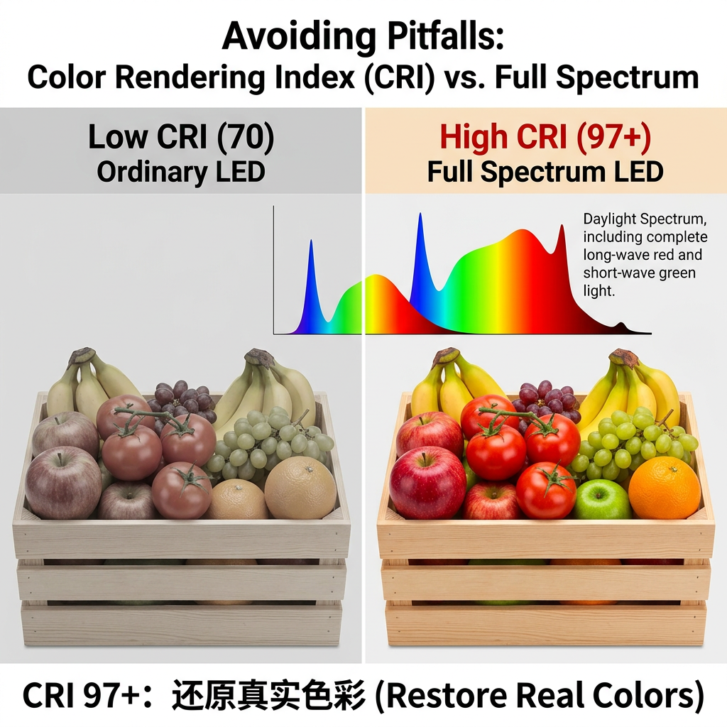 显色指数(CRI)对比图:左侧低显指LED下水果颜色暗淡,右侧恒彩电子全光谱LED下水果色彩鲜艳真实,突出CRI对色彩还原的重要性