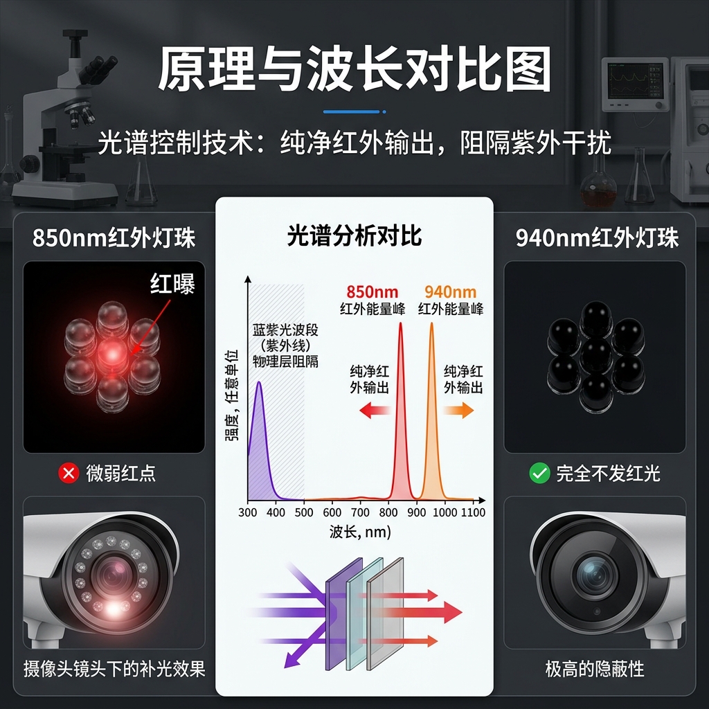 防紫外线红外灯珠原理与波长对比图：展示850nm红外灯珠的红曝与940nm红外灯珠的隐蔽性，并以光谱图强调紫外线阻隔和纯净红外输出。