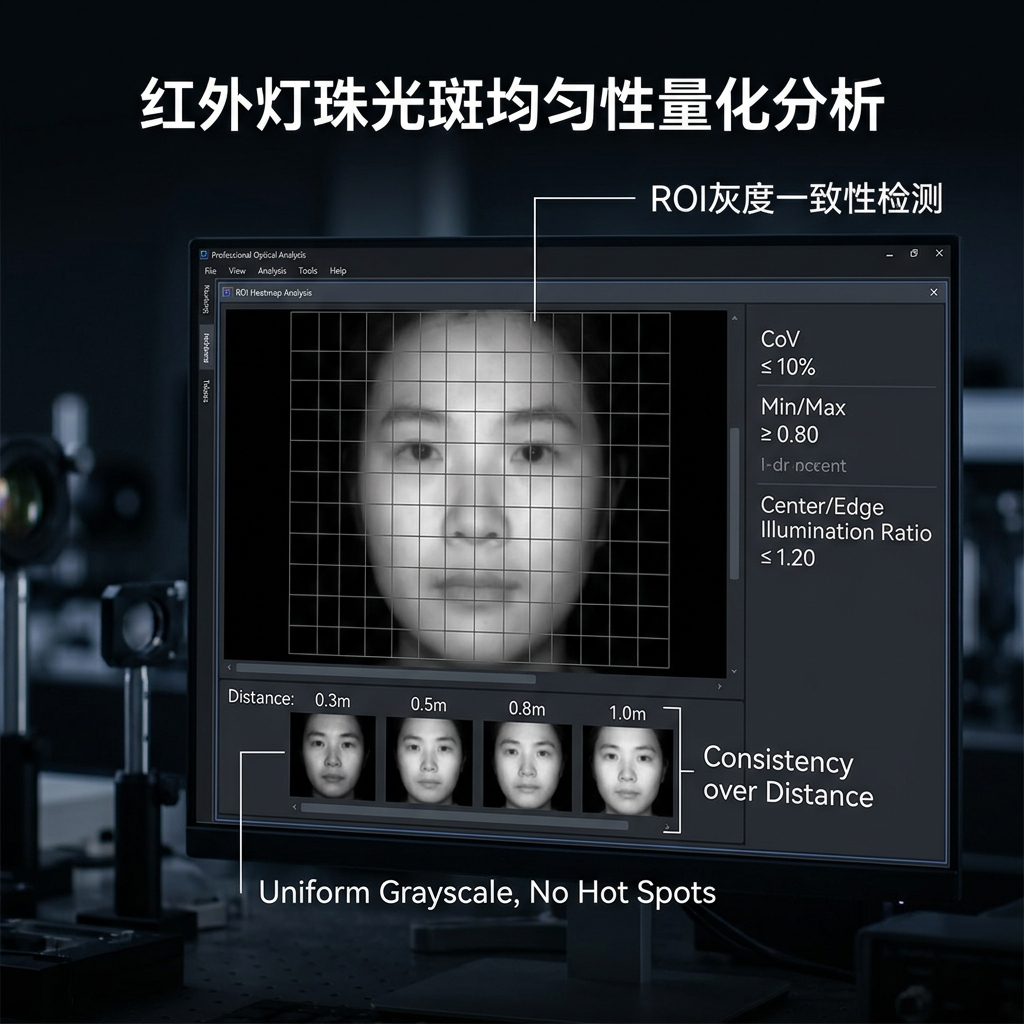 红外灯珠光斑均匀性考勤测试的ROI灰度热力图与核心指标分析,展示不同距离下的光斑均匀性。