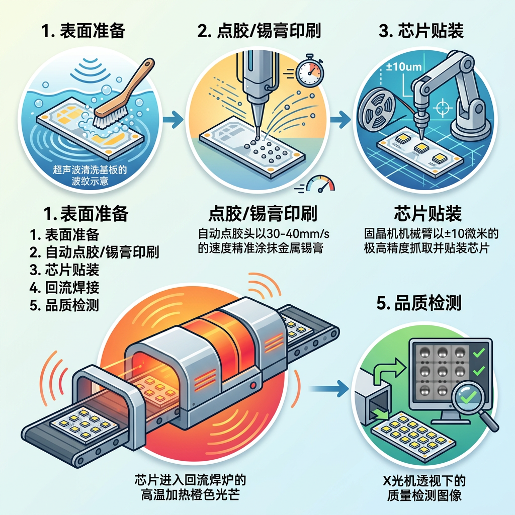 LED固晶制程的5个关键步骤流程图：从表面准备、点胶到芯片贴装、回流焊接与品质检测