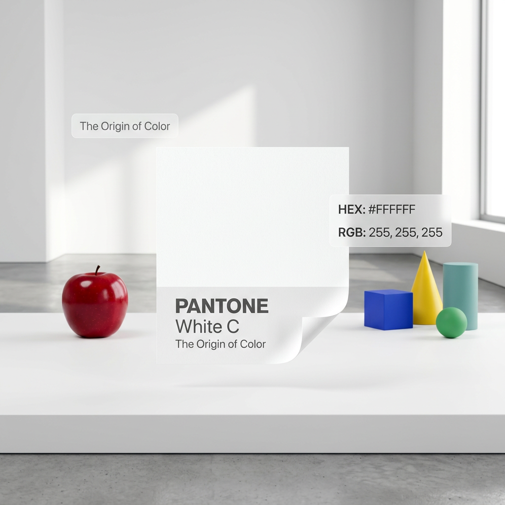 一张展示 Pantone White C 色卡的极简主义图片,带有HEX和RGB值,背景衬托出鲜艳的苹果和彩色几何体,象征色彩的起点和高端纯净感。