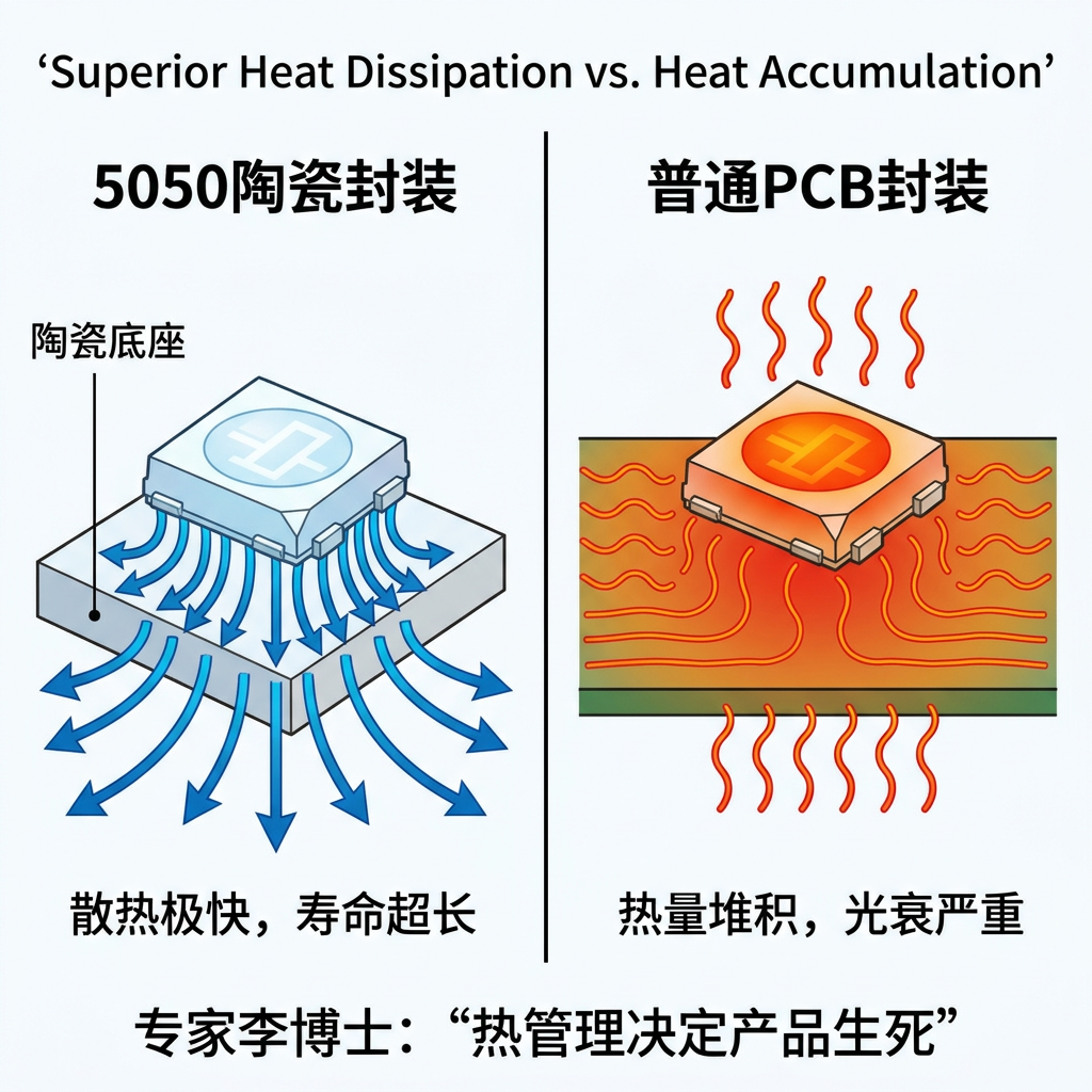 5050陶瓷封装LED与普通PCB封装LED的散热性能对比图，突显陶瓷封装卓越的散热能力和更长的寿命