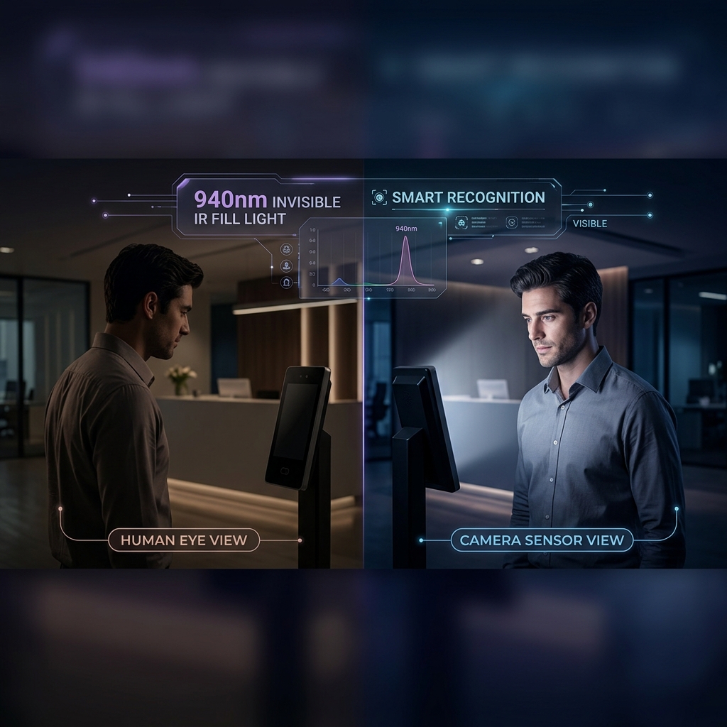 非可见光红外LED考勤机隐蔽补光示意图:左侧为人眼视角下不可见光源,右侧为摄像头视角下940nm红外光均匀照亮人脸,提升识别清晰度。