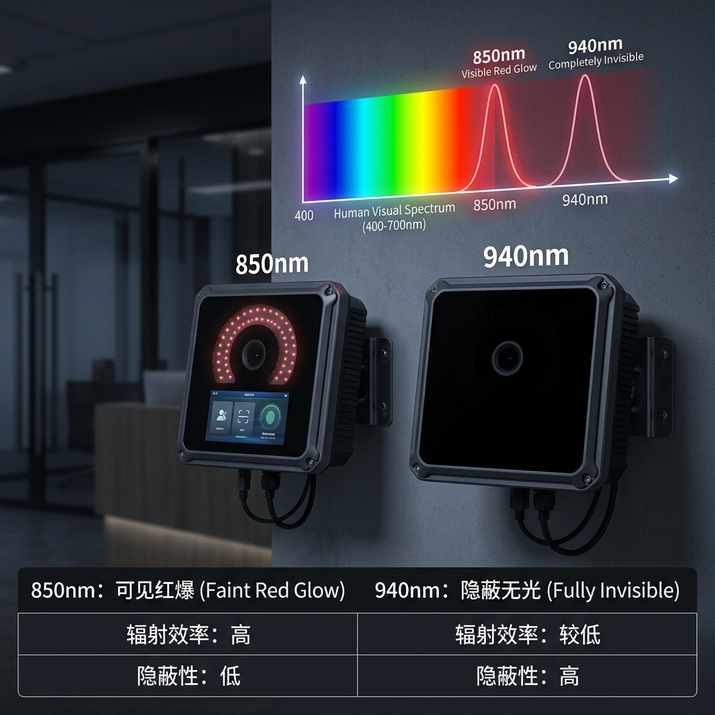 850nm与940nm考勤机红外补光隐蔽性对比图:850nm可见微弱红点,940nm实现完全不可见隐蔽补光,提升用户体验。