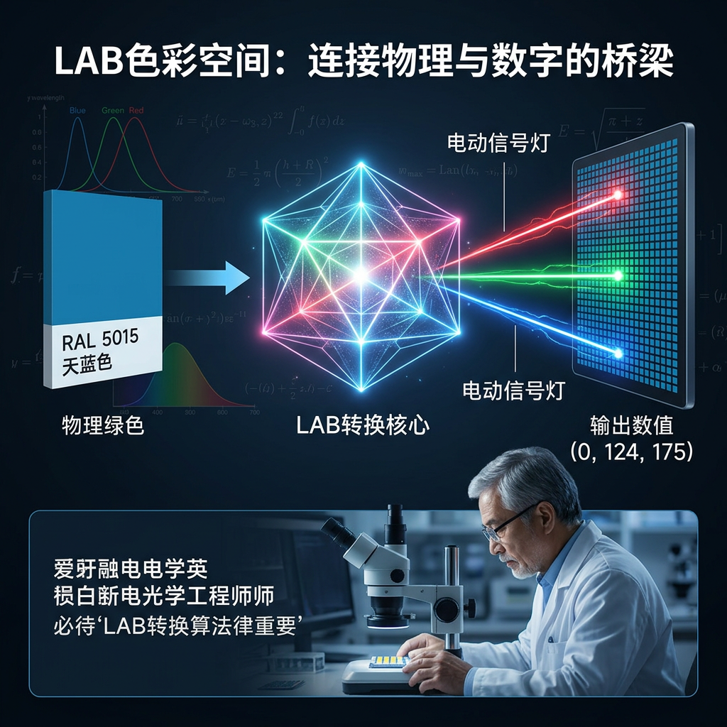 解释RAL到RGB转换中LAB色彩空间作为桥梁的科技感示意图，展示RAL色块（RAL 5015天蓝色）如何通过LAB核心转换为RGB电信号，并强调恒彩电子在光学工程中的应用。