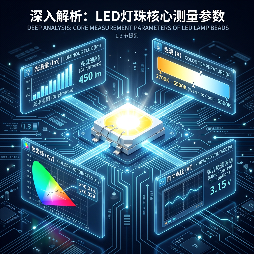 LED灯珠分光分色核心测量参数信息图:展示光通量、色温、色坐标和前向电压