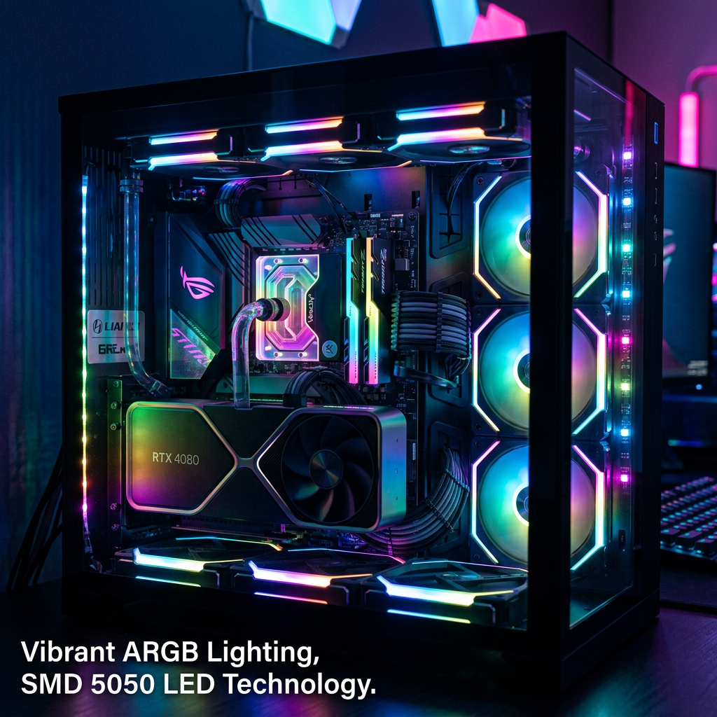 一台装有SMD 5050 ARGB灯珠的高端电竞电脑机箱内部，展示了流动的彩虹灯效，营造出酷炫的赛博朋克氛围。