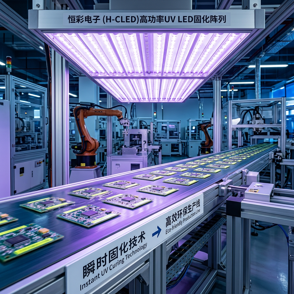 恒彩电子UV LED固化灯阵列在自动化生产线上瞬时固化防伪涂层，实现高效环保生产