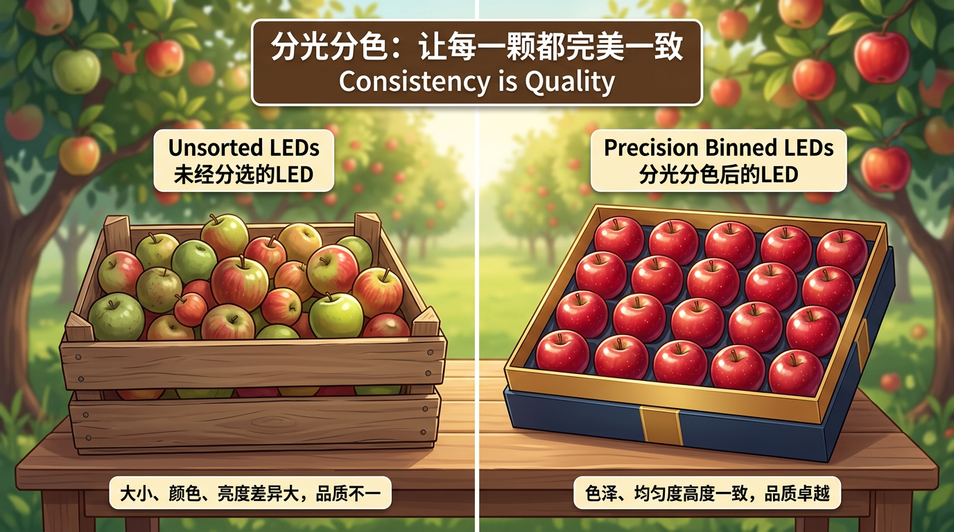 分光分色原理示意图:左右对比未经分选和精准分选的苹果,形象展示LED灯珠分光分色如何确保光色一致性