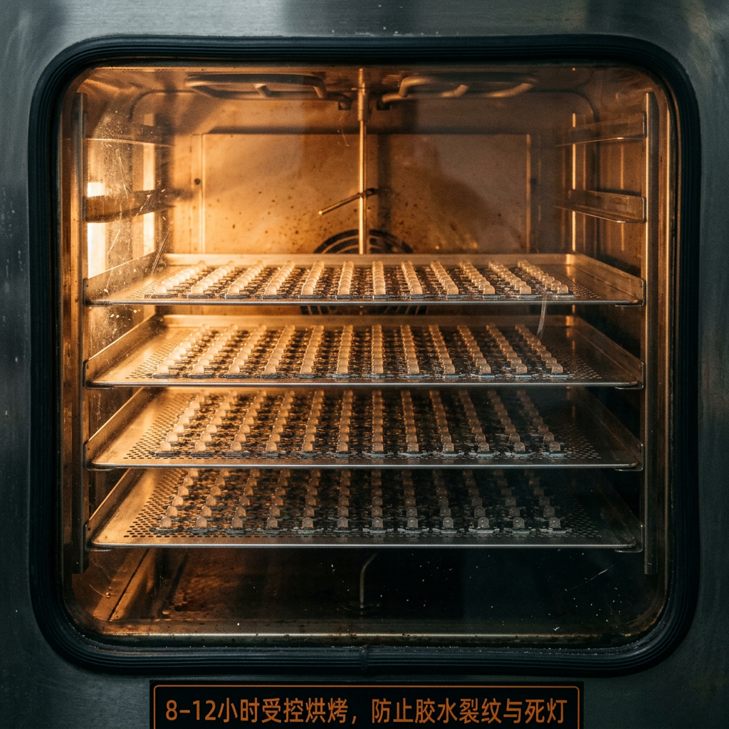 LED灯珠在工业烘烤箱中进行8-12小时阶梯式固化烘烤过程