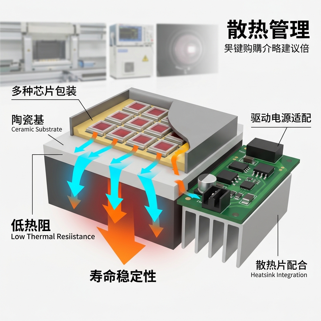 大功率阵列式红外灯珠内部散热结构透视图，展现陶瓷封装基板、热传导路径以及与散热片、PCBA的集成，强调热管理的重要性