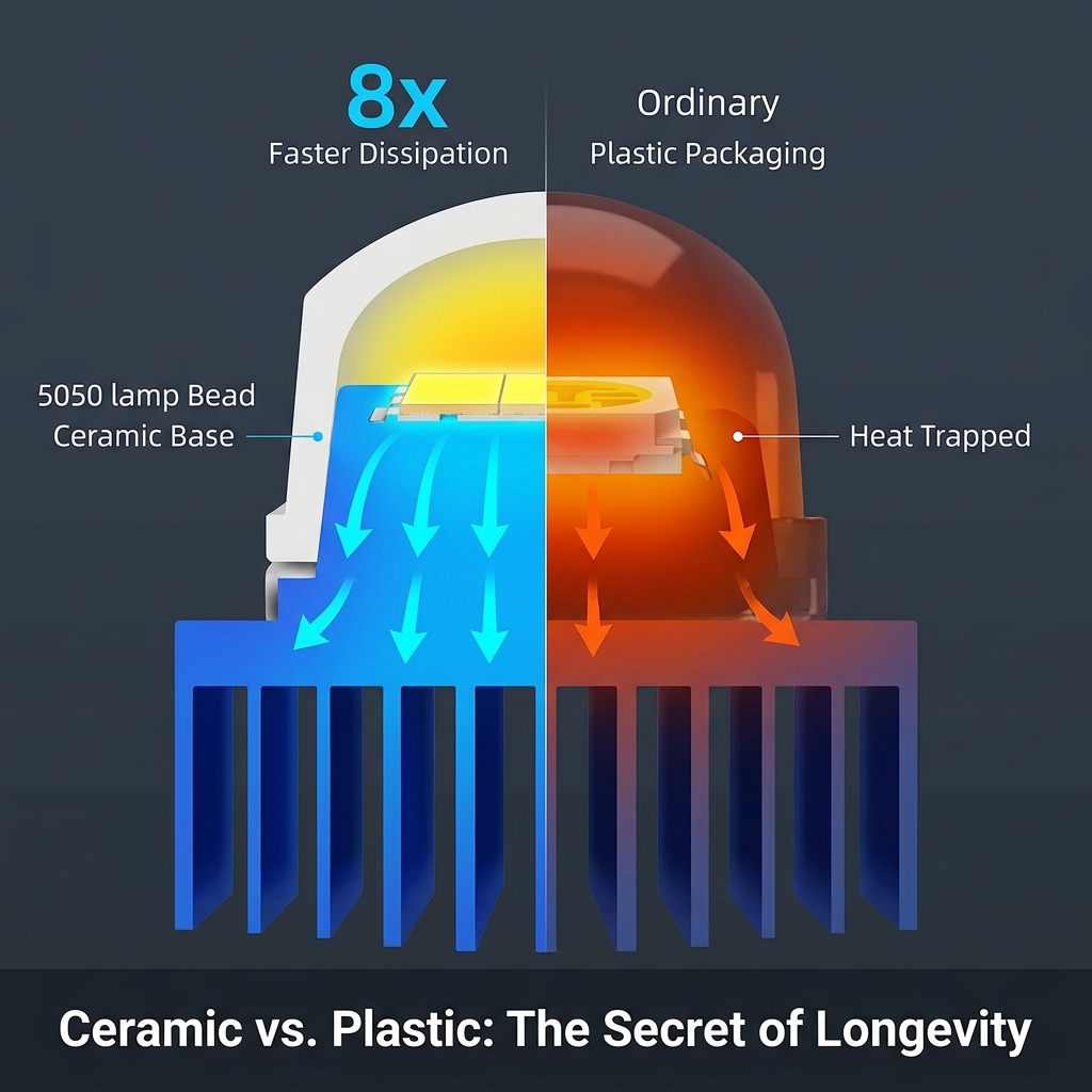 陶瓷封装与传统塑料封装的散热性能对比图，突显陶瓷底座卓越的散热效率和长寿命优势